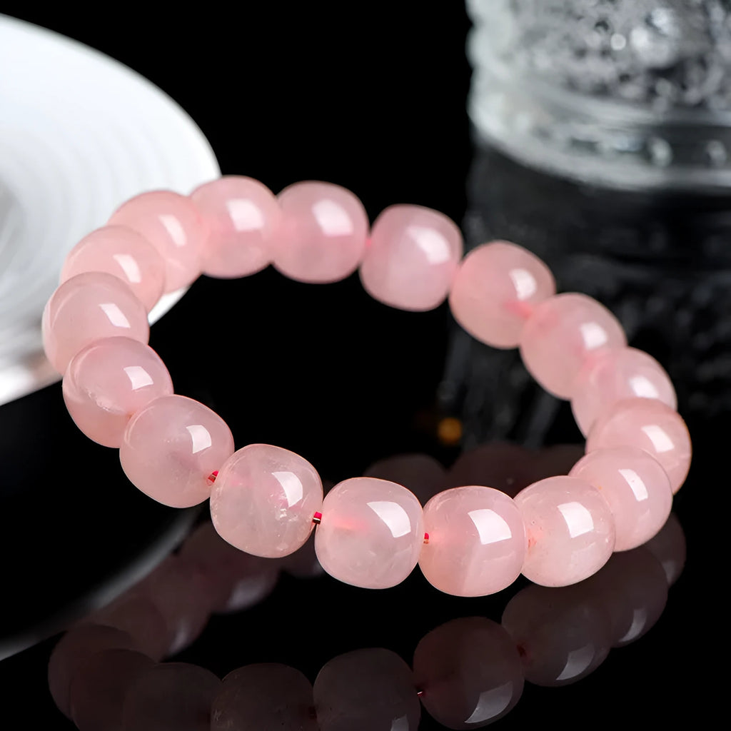 Natural crystal barrel bead bracelet with geometric 8-10mm pink beads