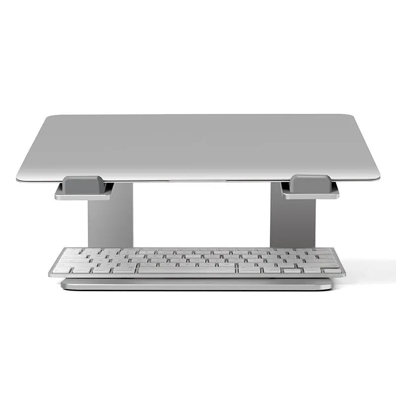 Black aluminium alloy laptop stand on a desk, showing its raised platform and dimensions.