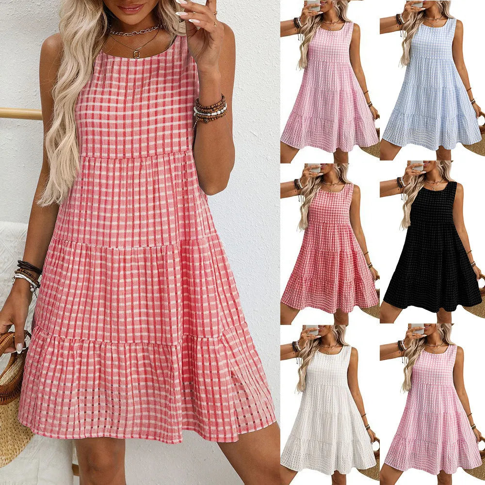 Women's light blue sleeveless plaid dress with high waist and mid-length swing skirt on a hanger.