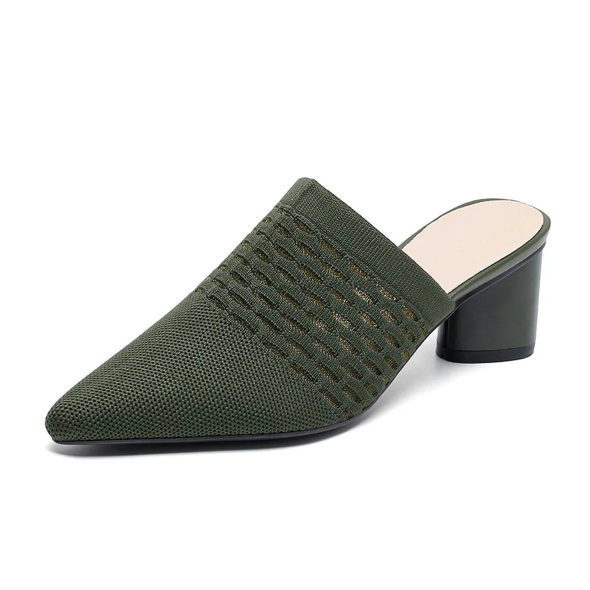 Women's pointed toe cap sandals with a 5cm chunky heel in a fabric upper and rubber sole.