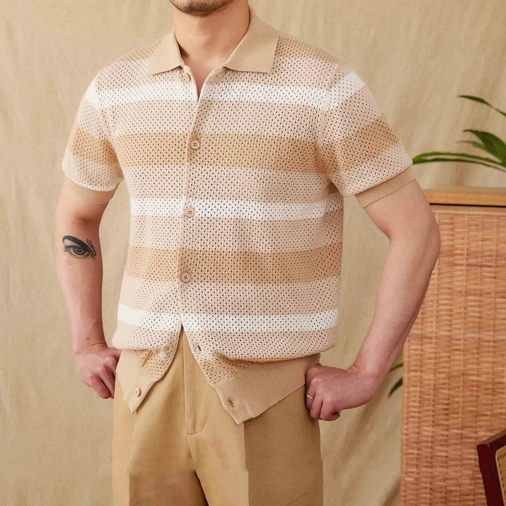 Retro casual hollow lapel short sleeve striped cotton top in White, front view