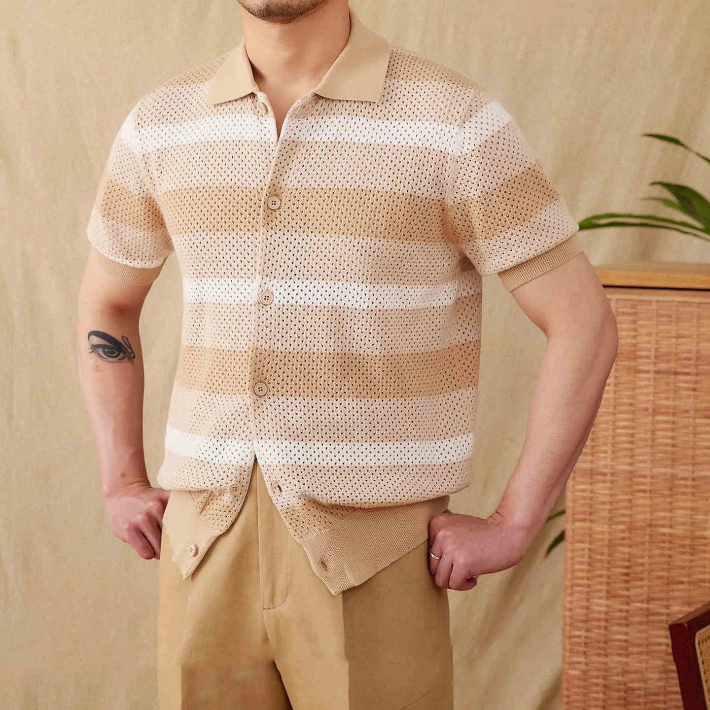 Retro casual hollow lapel short sleeve striped cotton top in White, front view