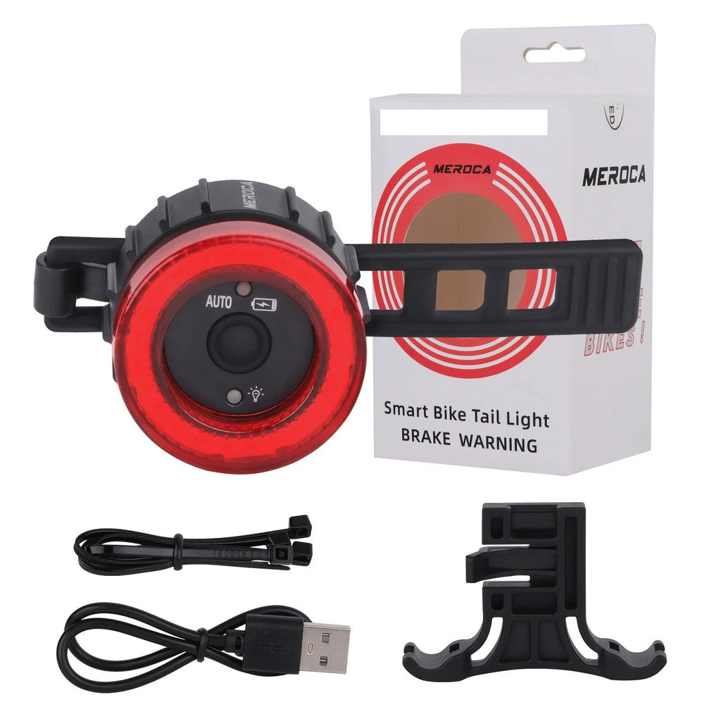Black intelligent brake induction bicycle taillight with rechargeable battery and mounting brackets