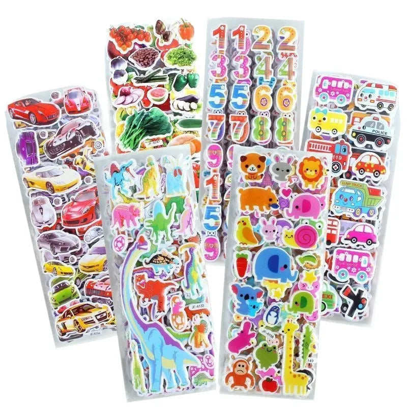 Children's 3D cartoon bubble reward stickers in mixed colours on white background