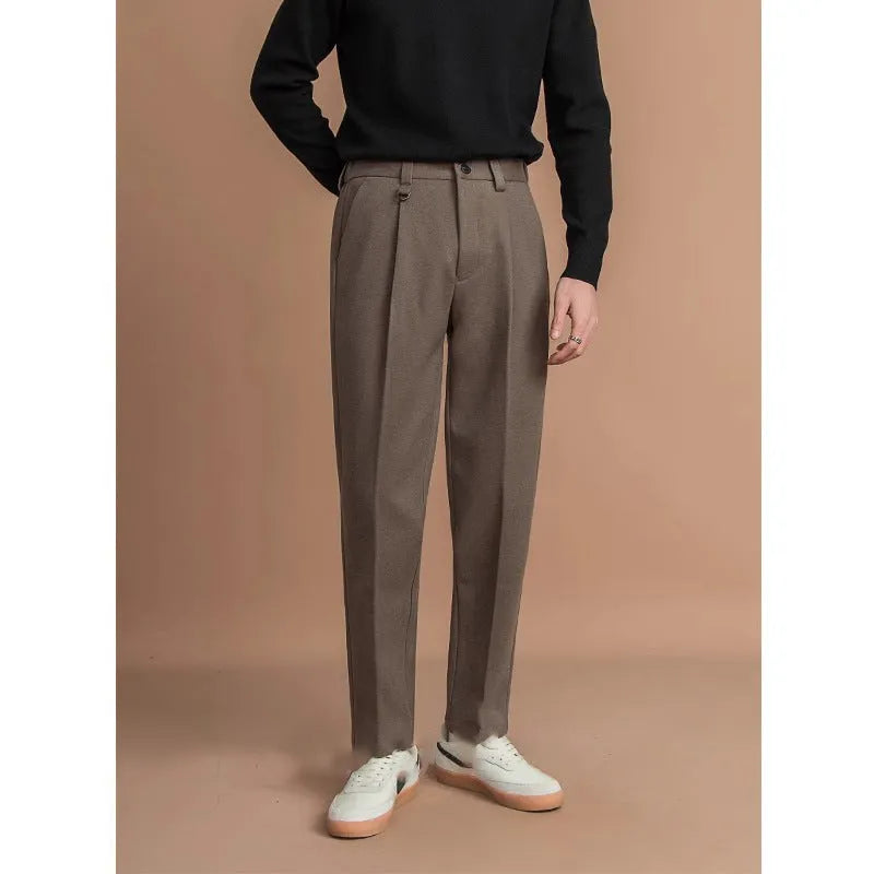 Men's straight leg trousers in polyester fabric with draped tailoring for business casual wear