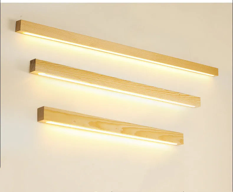 Walnut colour wood log strip wall lamp with minimalist design in three length options