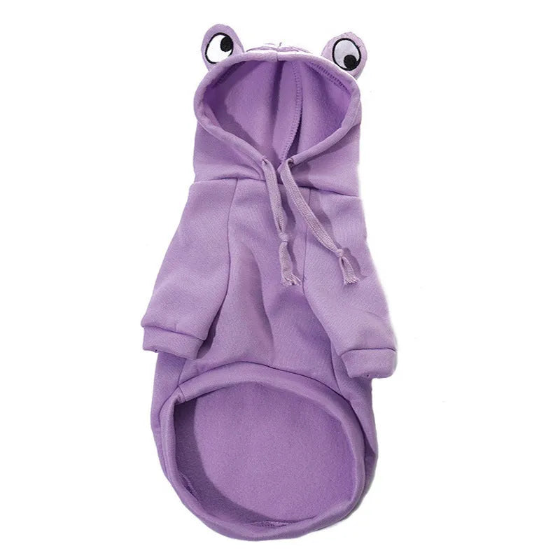 Green frog costume hoodie on small dog with size measurement diagram