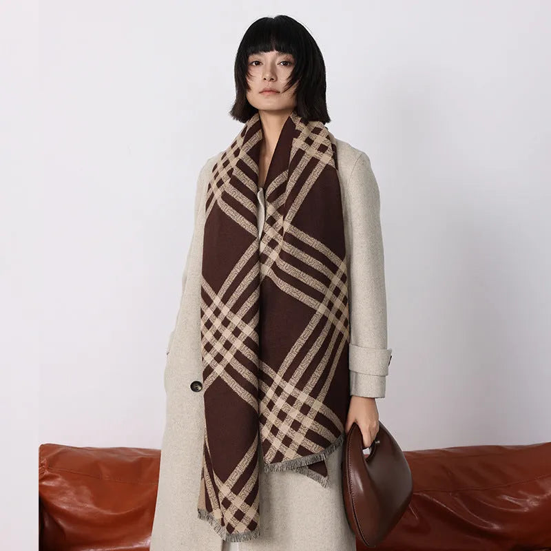 Mid-length cashmere-like scarf with tassels in brown colour showing 185cm length