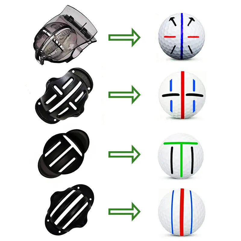 Plastic golf putter alignment scriber tool set with drawing pens on a putting green.