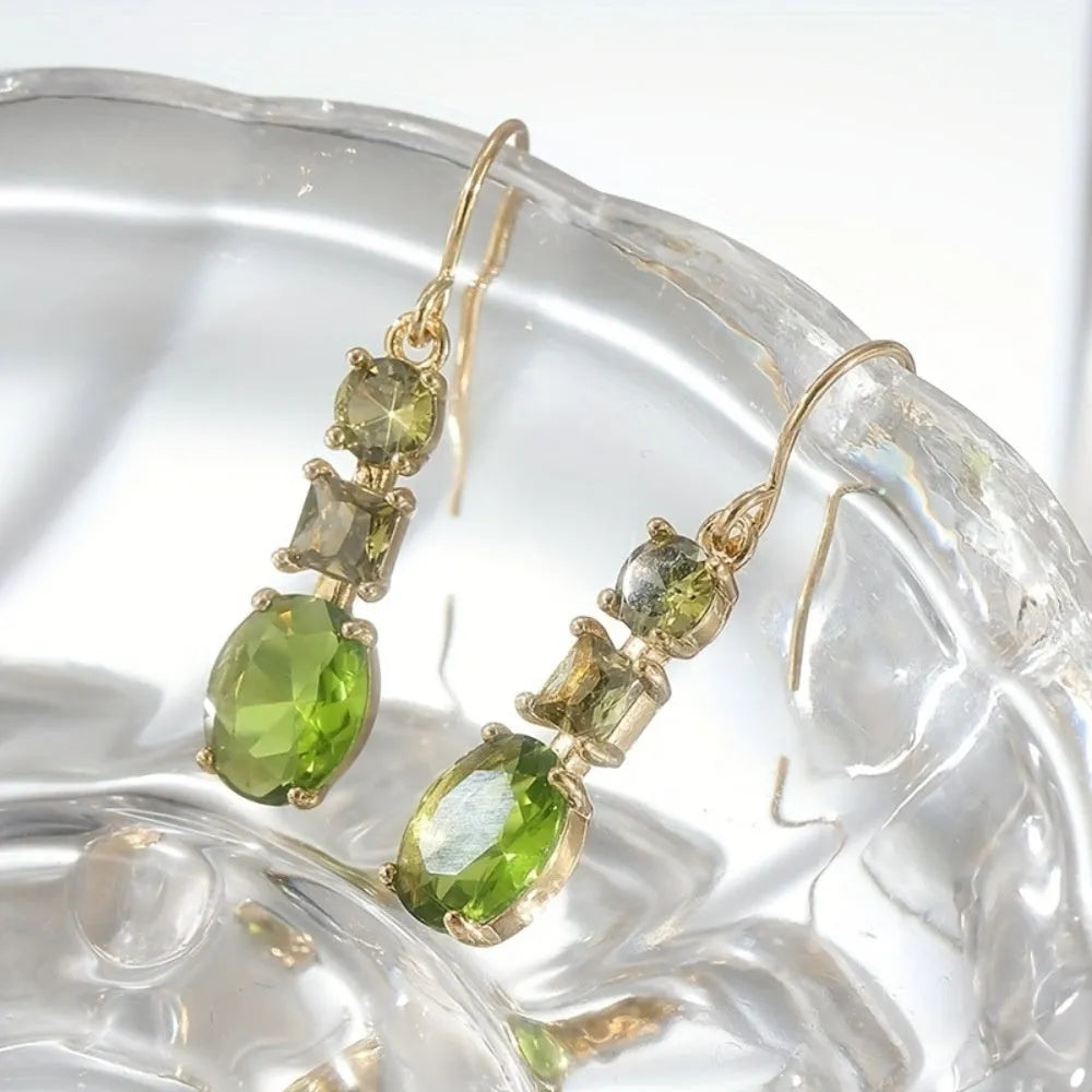 Green geometric copper drop earrings with quadrilateral design in retro Bohemian style
