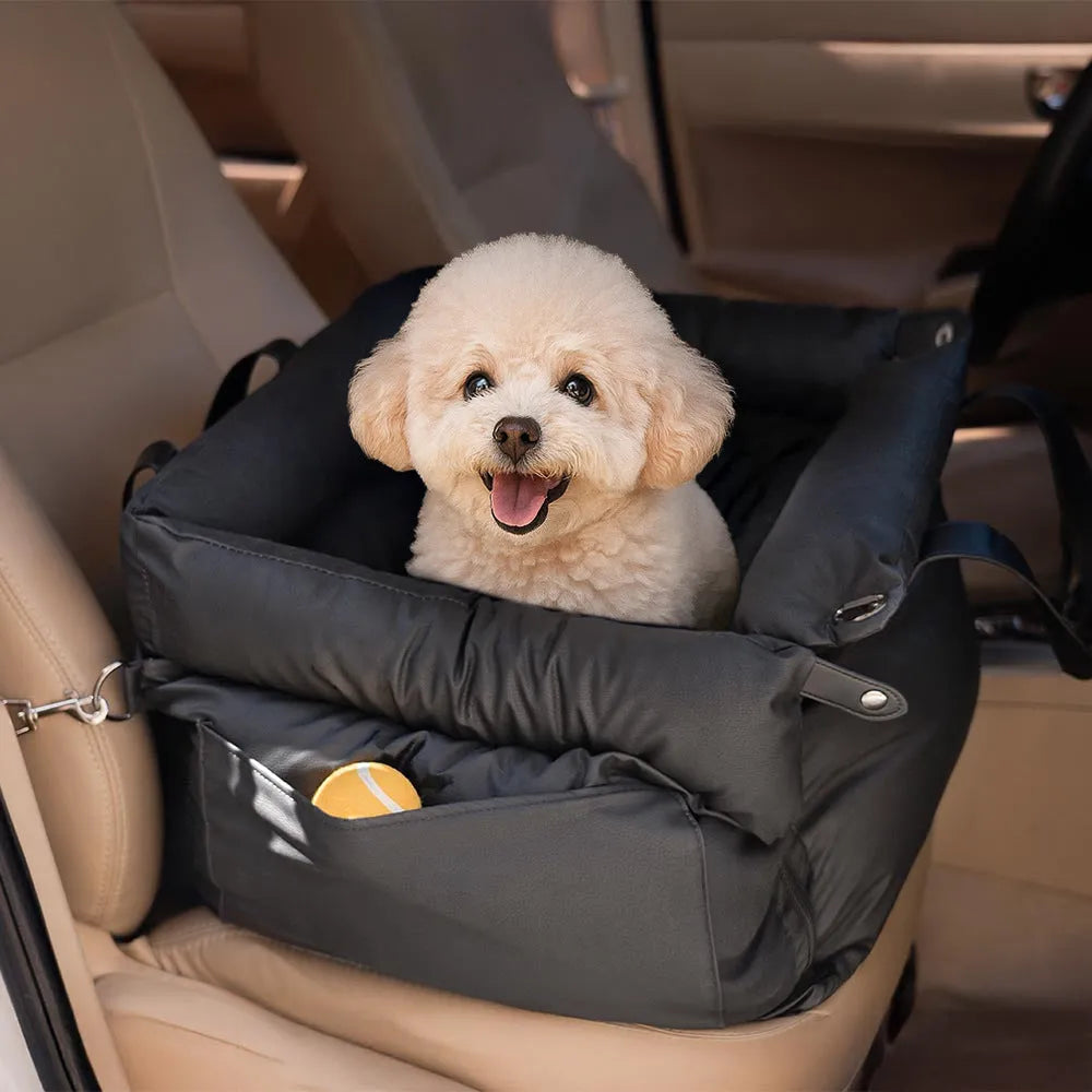Green waterproof dog car nest with removable cover, shown on a car seat, dimensions 55cm by 50cm.
