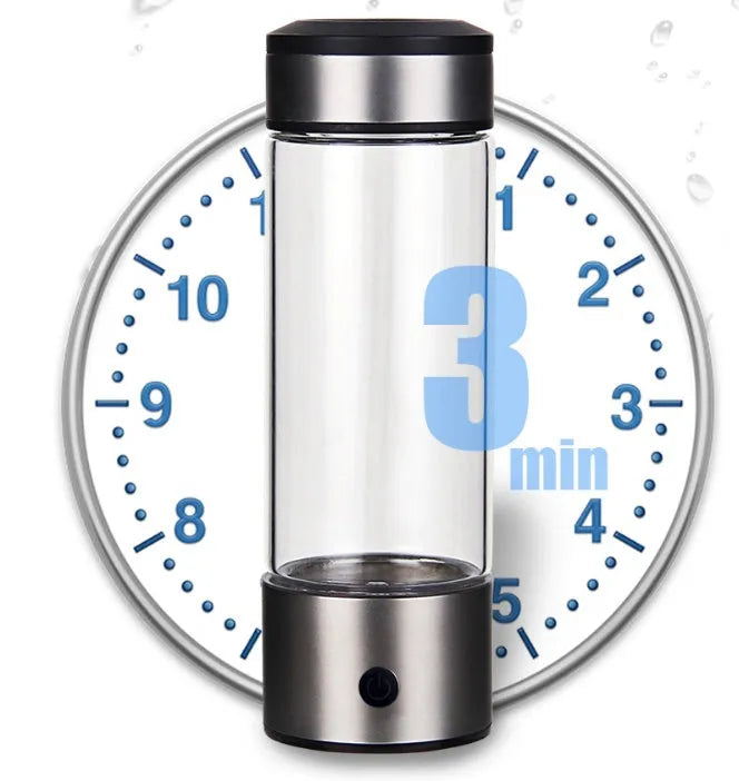 Silver hydrogen water generator bottle with 420ml capacity, high borosilicate glass body and USB charging port