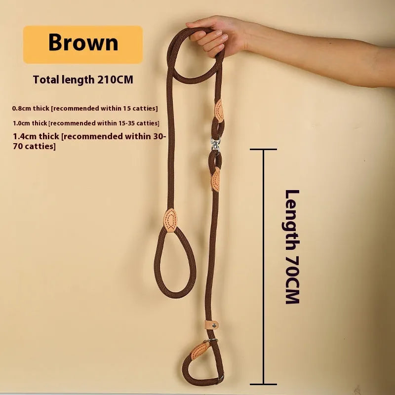 Brown nylon P chain dog leash with hand holding rope section measuring 2.1 metres