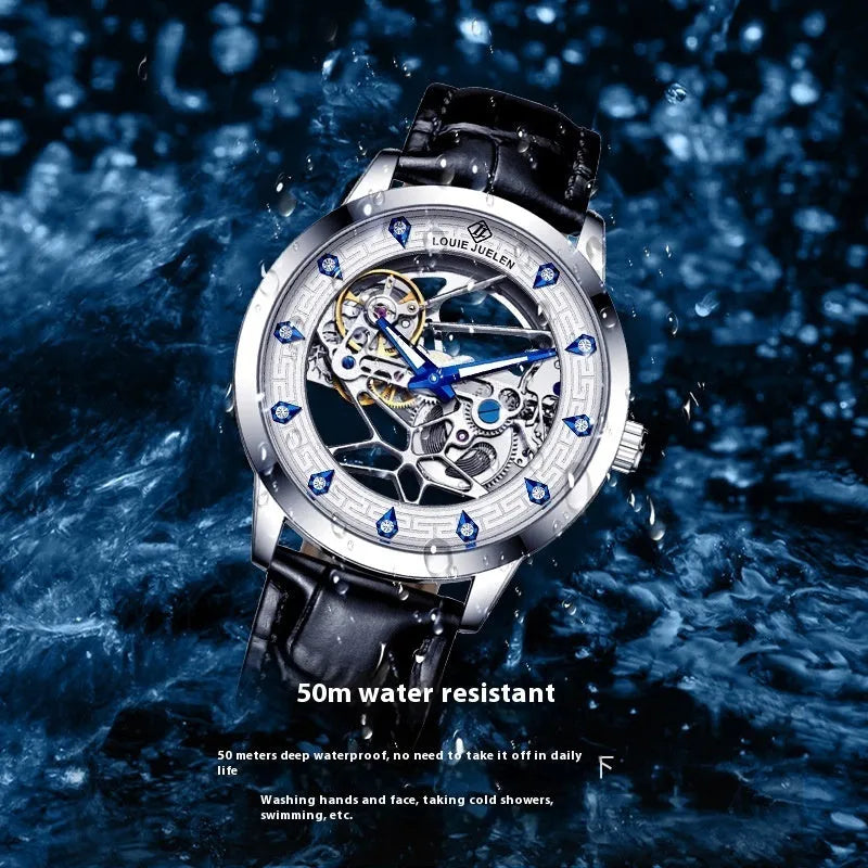 Men's silver case mechanical watch with white dial, blue hands, black leather strap, and stainless steel buckle