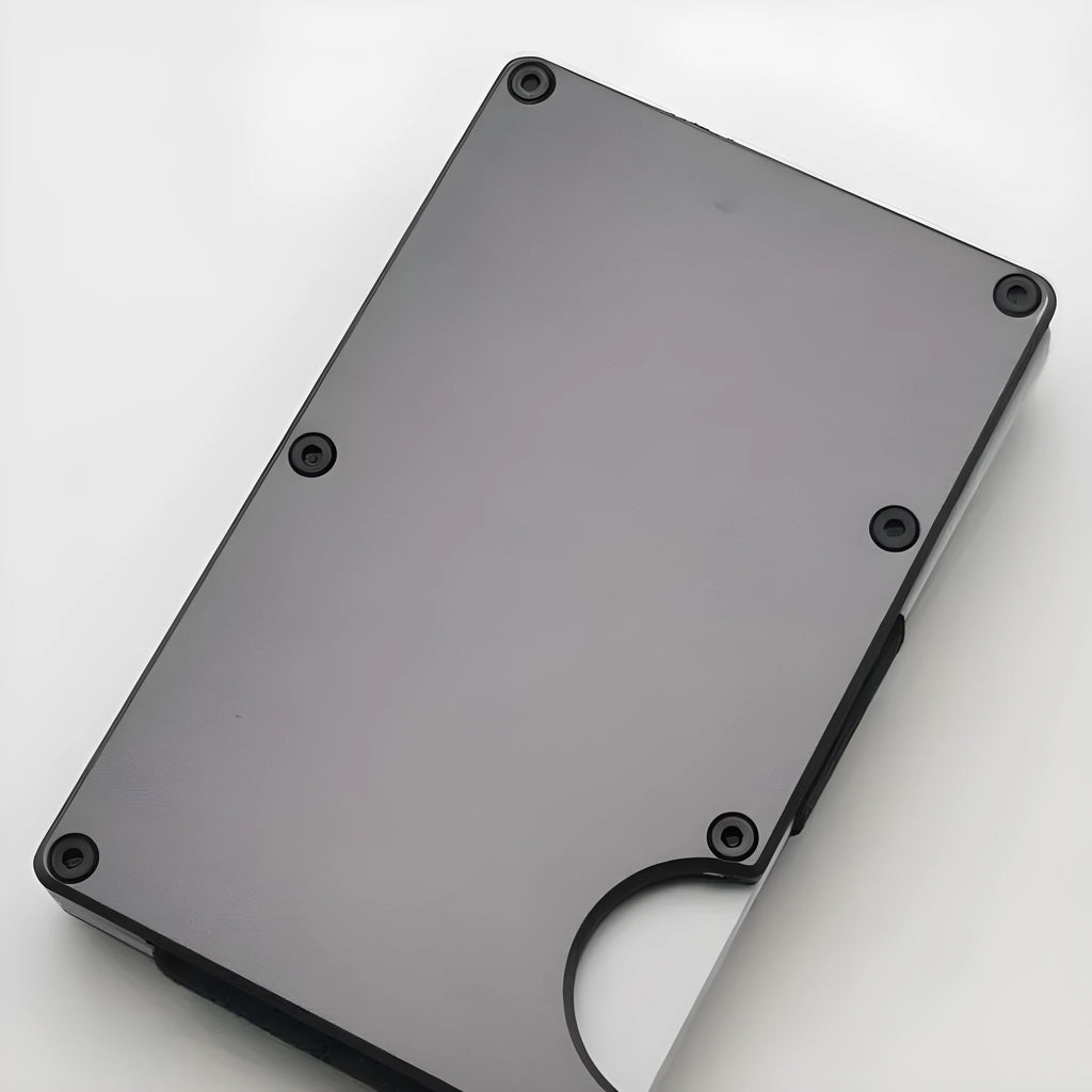 Aluminium alloy grey carbon fibre RFID blocking card holder wallet showing front opening.