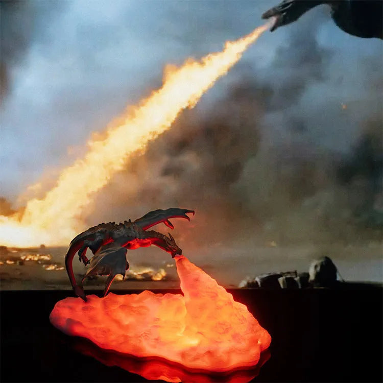 3D-printed red dragon night light with glowing warm light effect on a dark background.
