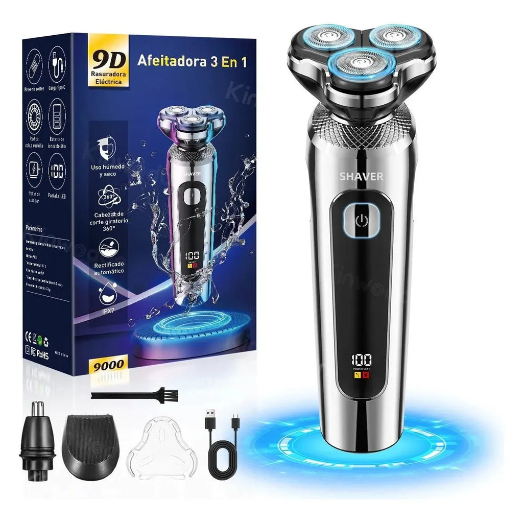 USB rechargeable beard trimmer with digital display and floating cutter head.