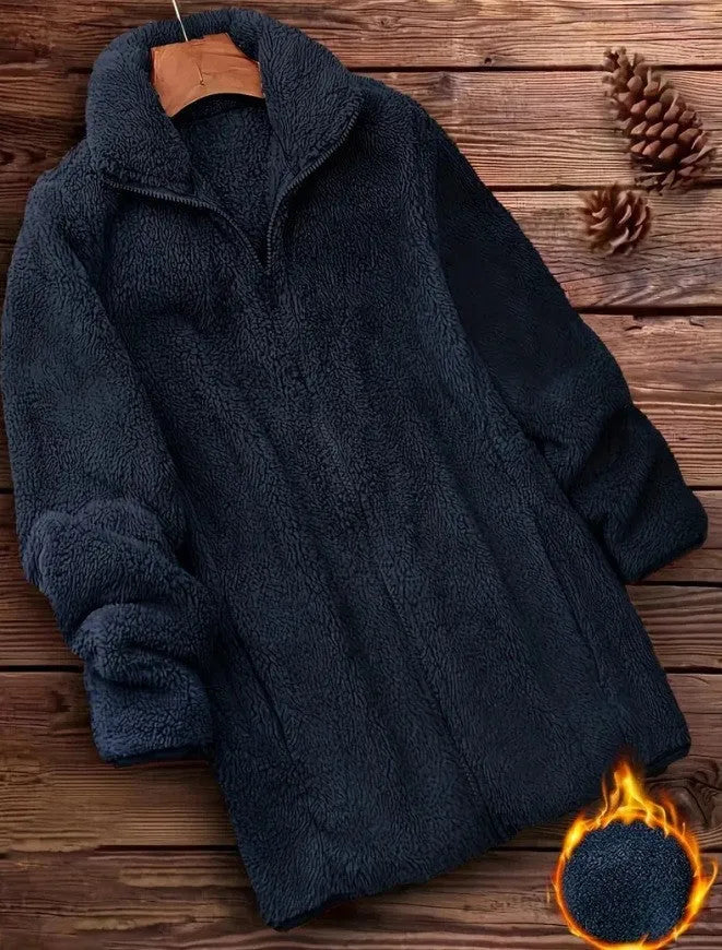 Double-sided velvet fleece-lined jacket in black, shown on a hanger