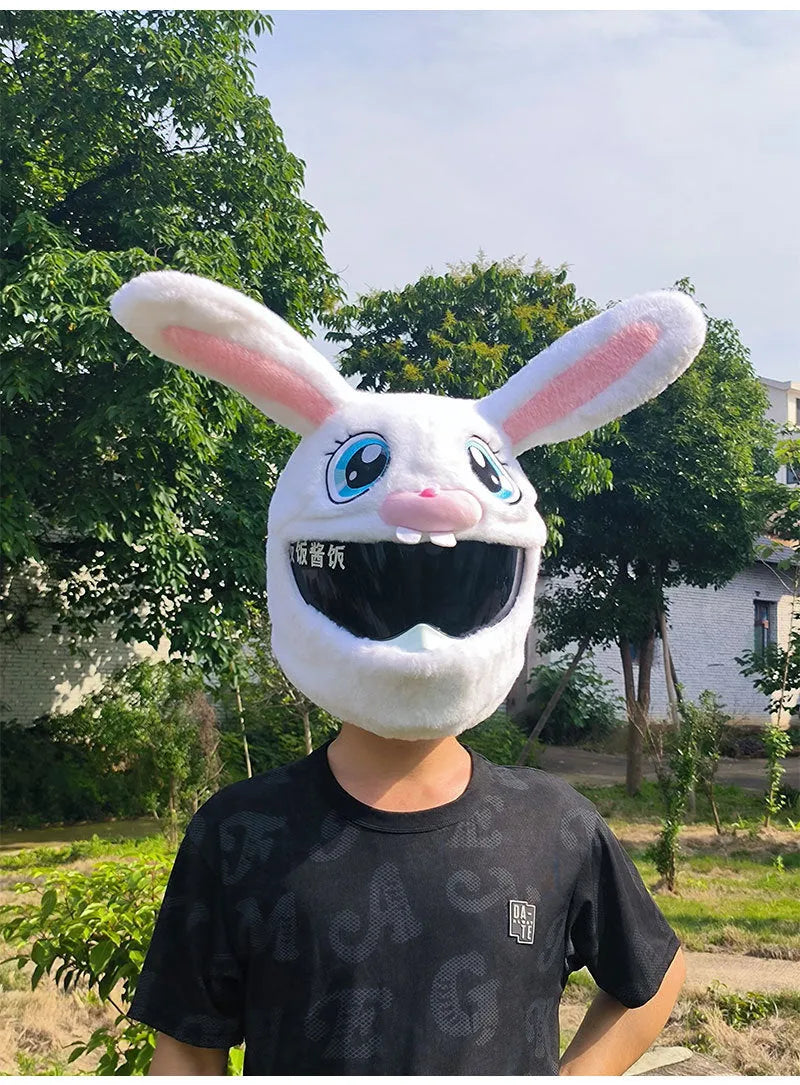 White plush rabbit head decorative cover on a motorcycle helmet for electric scooter commuting