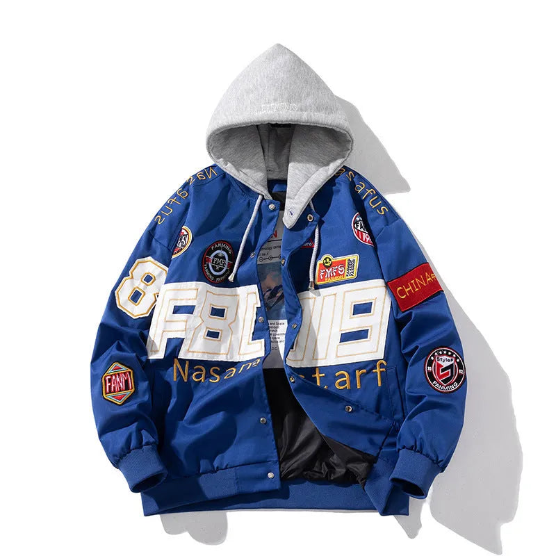 Black red blue motorcycle baseball uniform with hood and cotton padding for autumn winter riding