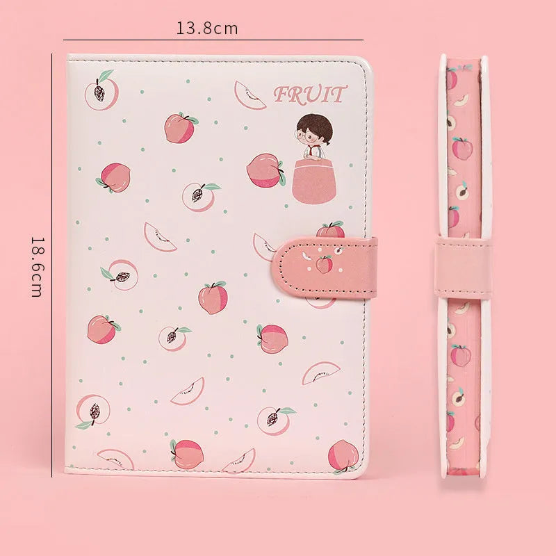 Fruit print notebook planner with magnetic buckle, imitation leather cover, kawaii illustration, A6 size 18.6x13.8cm