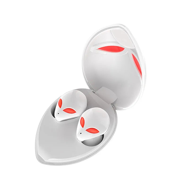 Creative Outer T8 Starman Alien design Bluetooth earbuds with red lighting in charging case.