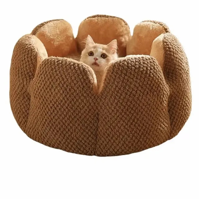 Cactus petal shape pet bed in plush material with sheltered design and non-slip base