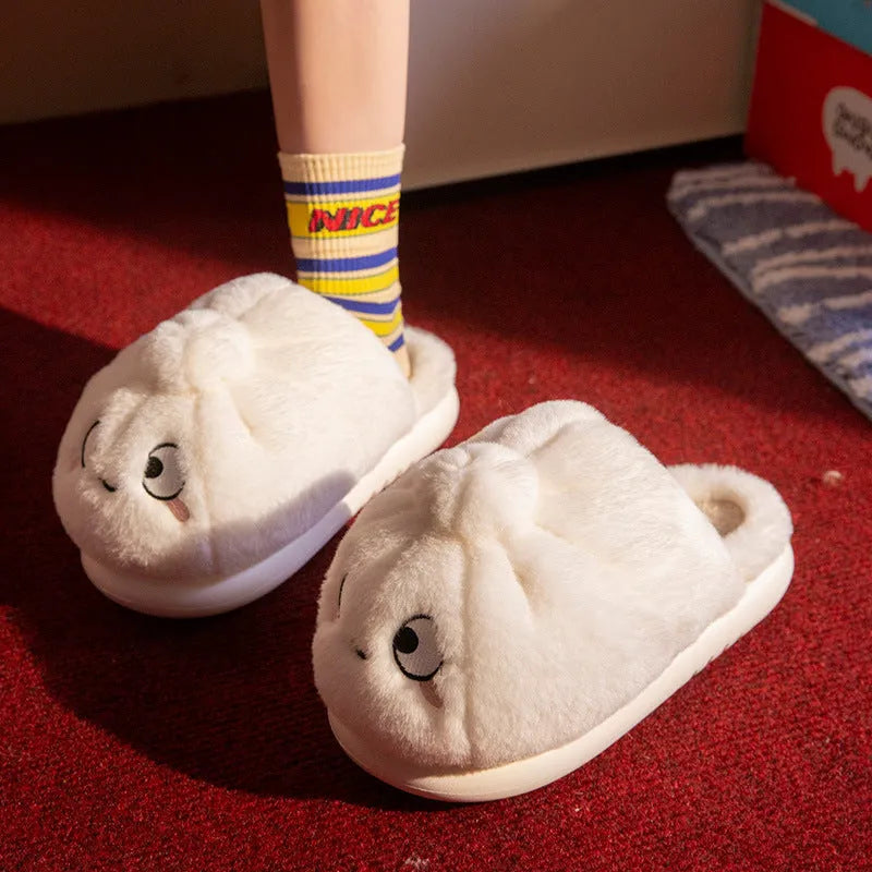 Pair of cotton slippers with suede upper, cartoon French fries print, and EVA sole for indoor use