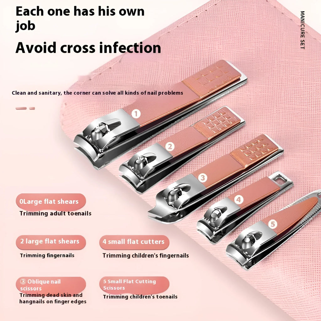 30-piece stainless steel nail beauty tool set with tools in five colour options including pink, blue, rose gold