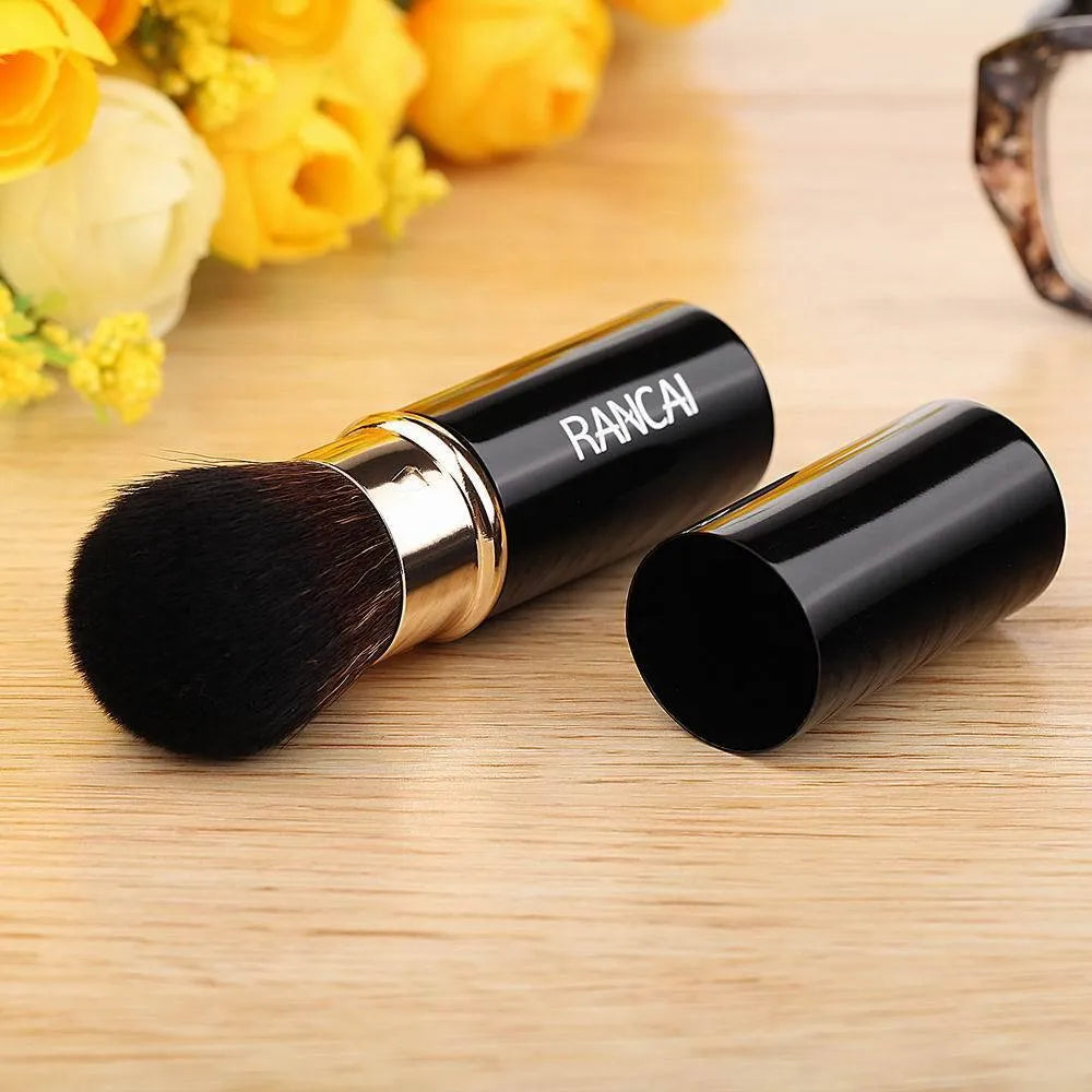 Mini retractable makeup brush with aluminium tube and fibre wool bristles, 9cm long, black colour