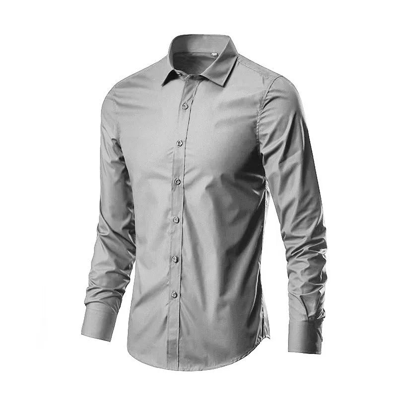 Men's slim fit long-sleeve linen shirt on a hanger, available in multiple colours and sizes up to 5XL.