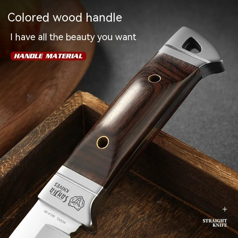 Camping portable fruit knife with stainless steel blade in leather case