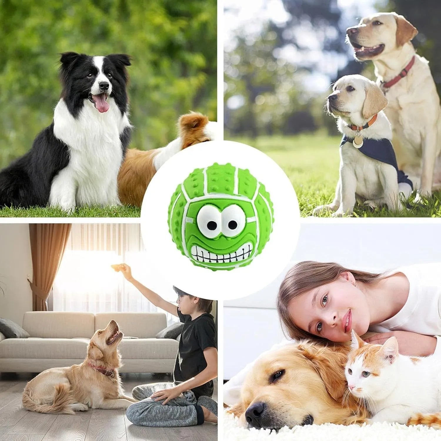 Smile face dog latex ball in green, orange, and yellow – squeaky bouncy toy for small dogs and cats