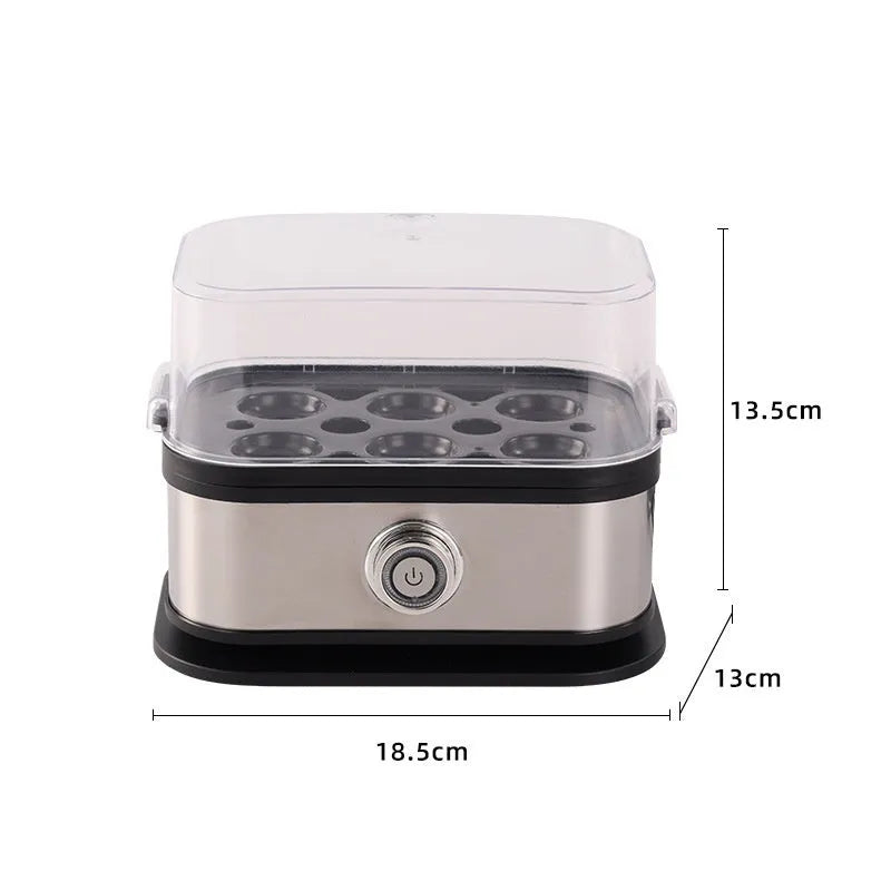 Black portable stainless steel egg boiler with carrying belt on a table.