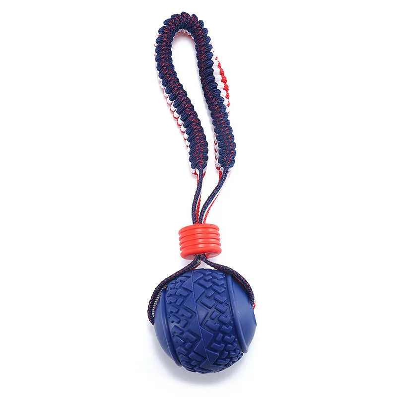Blue and red durable rubber dog ball with rope attachment toy for medium and small dogs