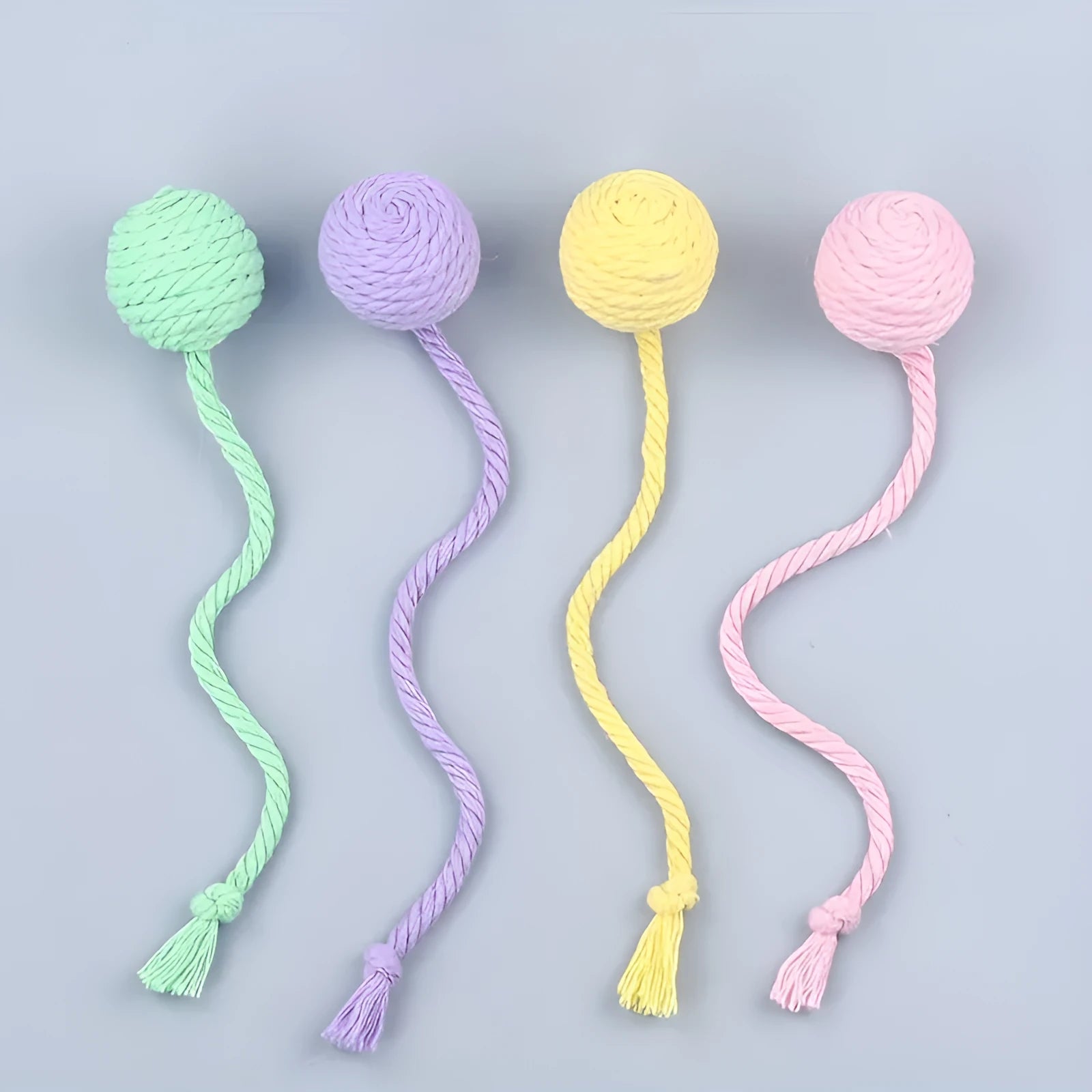 Interactive cat toy ball with rope and internal bell in green, pink, purple and yellow colours