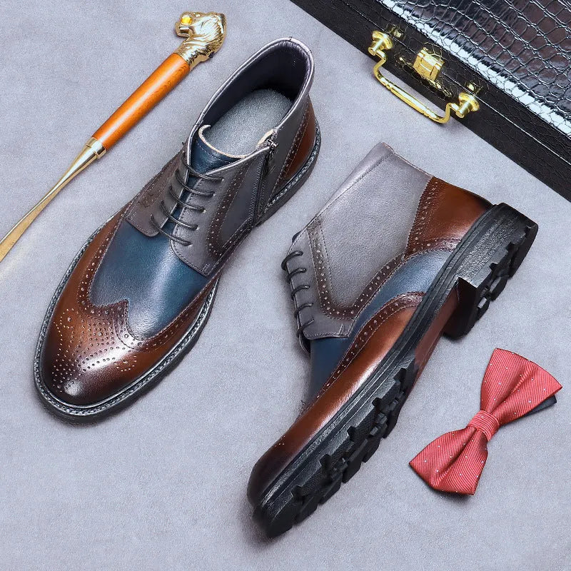 Men's brown and blue vintage colour block brogue carved leather Martin boots with round toe