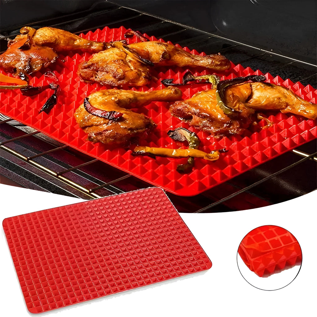 Red silicone pyramid grid cooking mat for oven and BBQ use