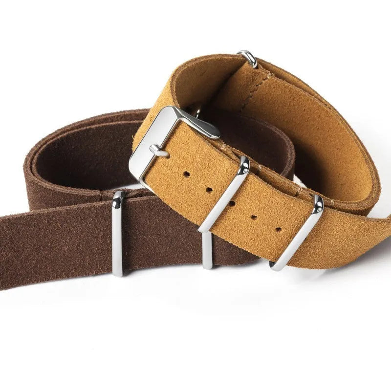 Genuine leather watch strap with velvet finish in retro artistic style, 20mm width, black colour, on a light background