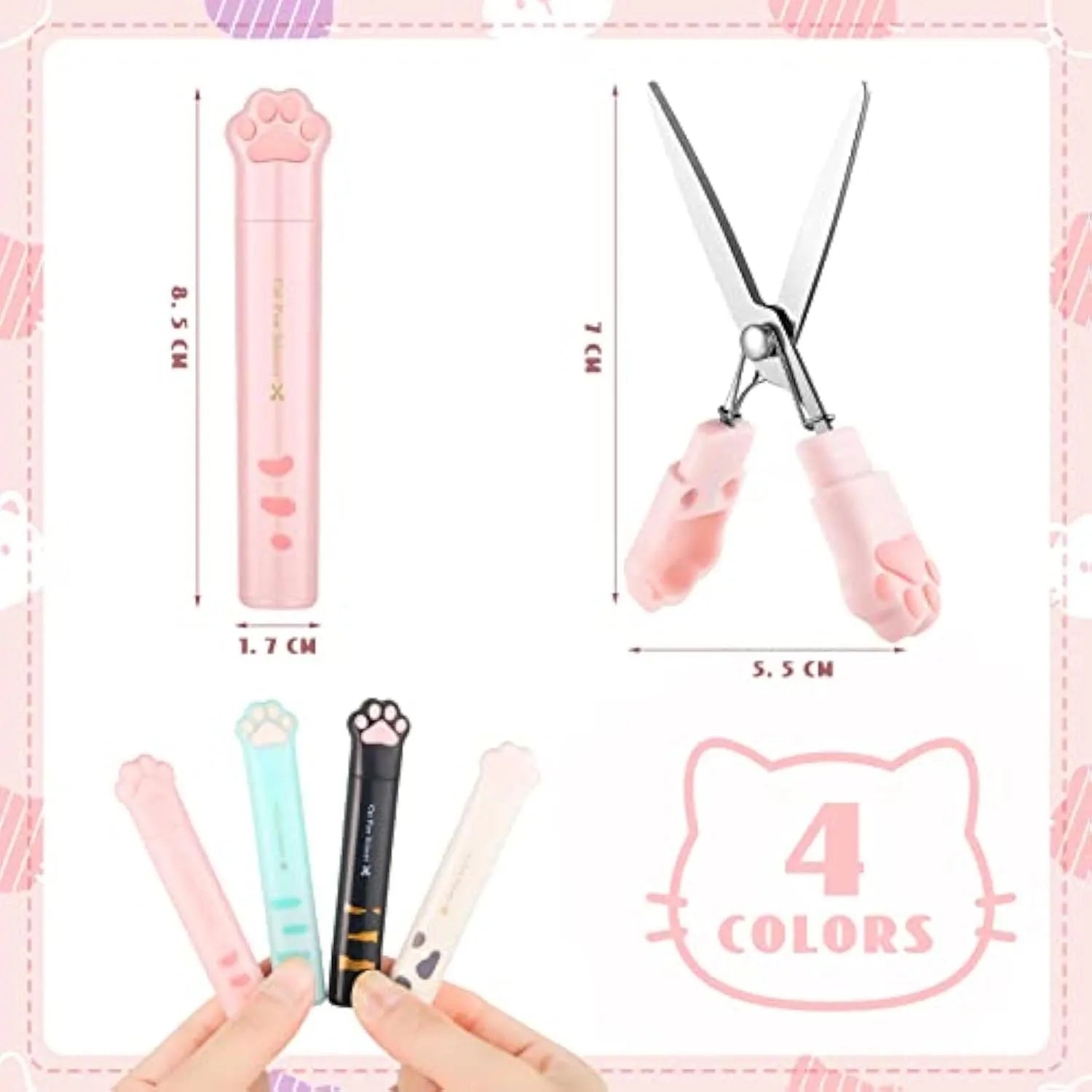 Small stainless steel folding scissors with cat paw handles shown in pink, blue, black, and white.