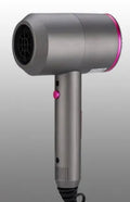 Hotel hammer hair dryer in grey with dual voltage 1800-2000W, three speeds, and two air nozzles plus diffuser