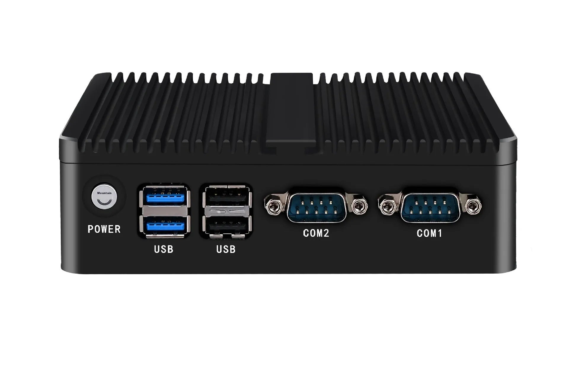 Compact metal industrial fanless mini PC host for control systems with connectivity ports.
