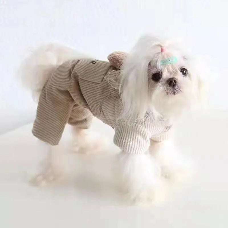 Fleece-lined four-legged dog overalls in dark brown colour for small and medium pets