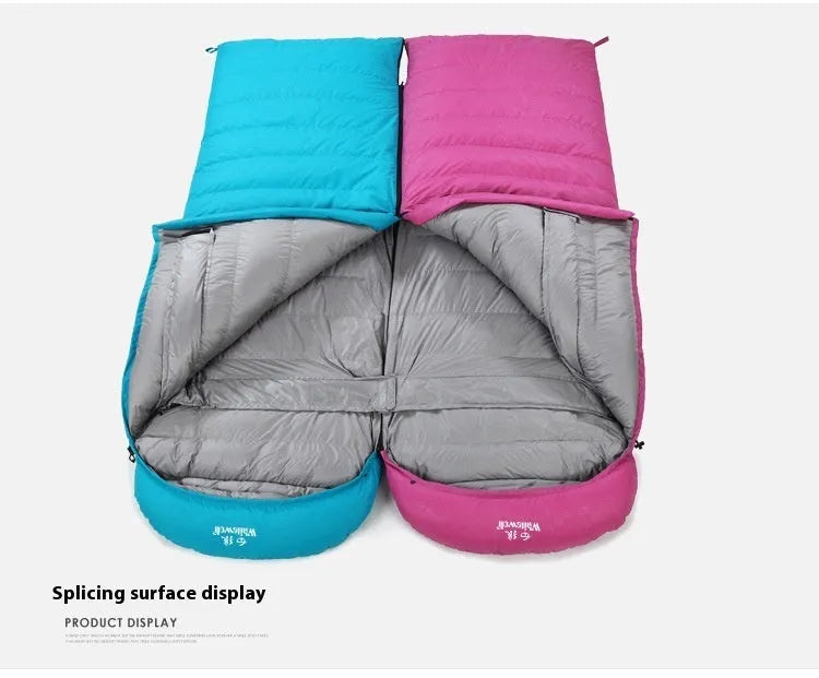 Black outdoor adult sleeping bag with envelope structure and white goose down filler.