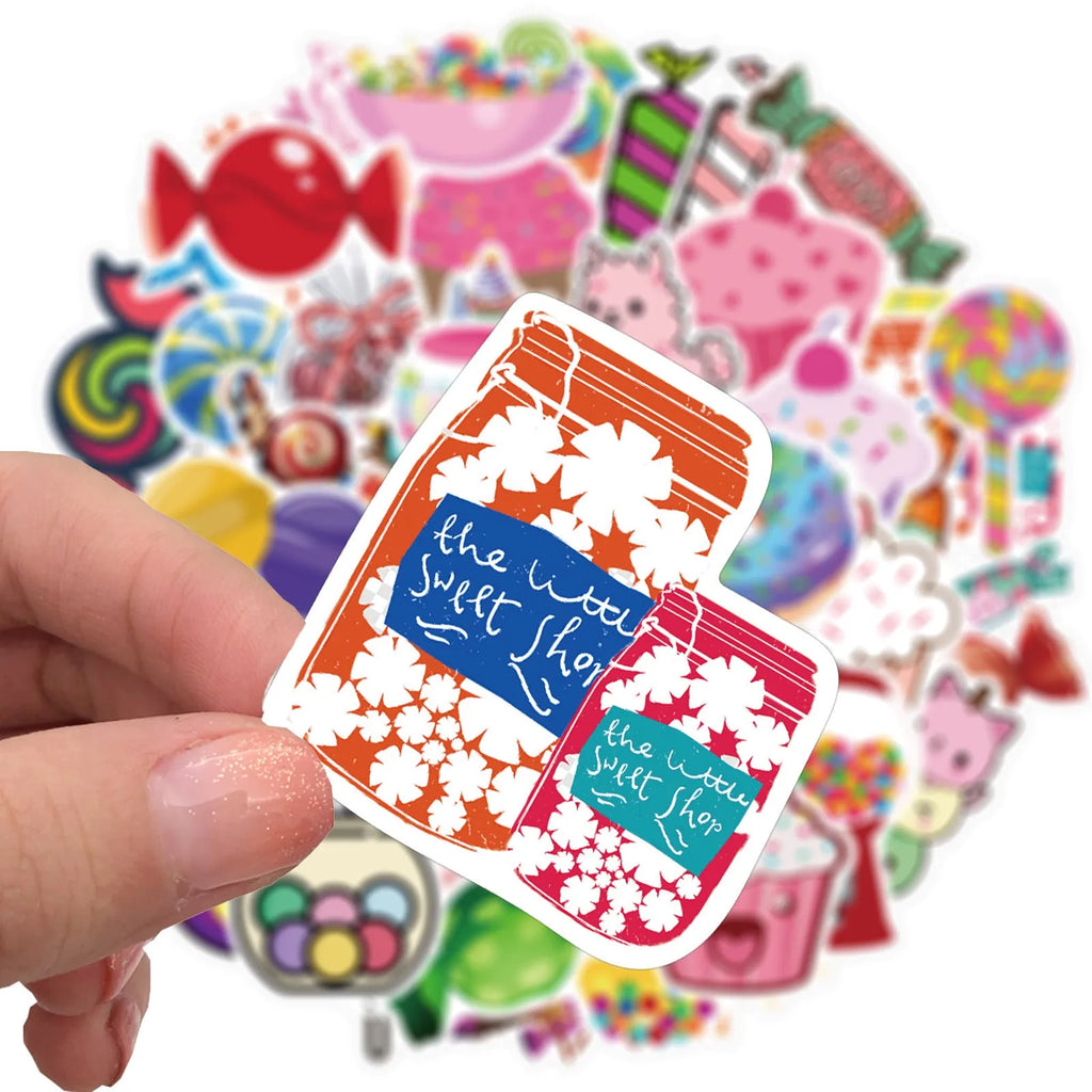 Fifty colourful candy graffiti adhesive stickers with cartoon and cute patterns measuring 4-6cm