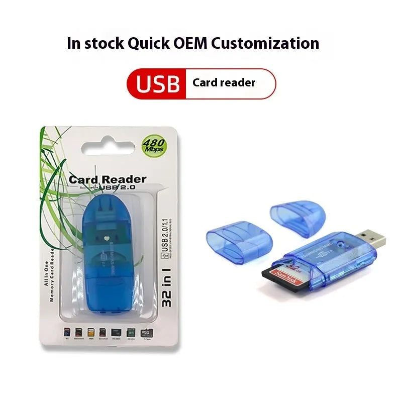 Transparent USB card reader for SD and MS memory cards with optional LED light, shown with card holder.