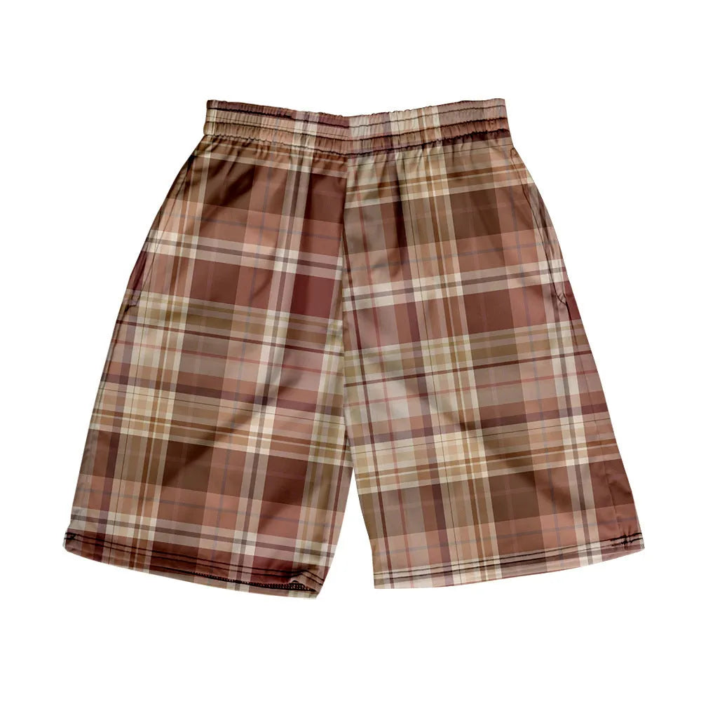 Men's blue and white plaid casual polyester shorts with an elastic waistband.