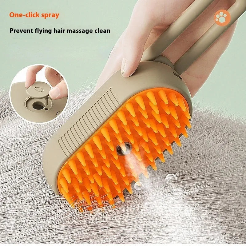 Dog grooming spray massage comb kit with wash-free essence bottle, shown in khaki colour.