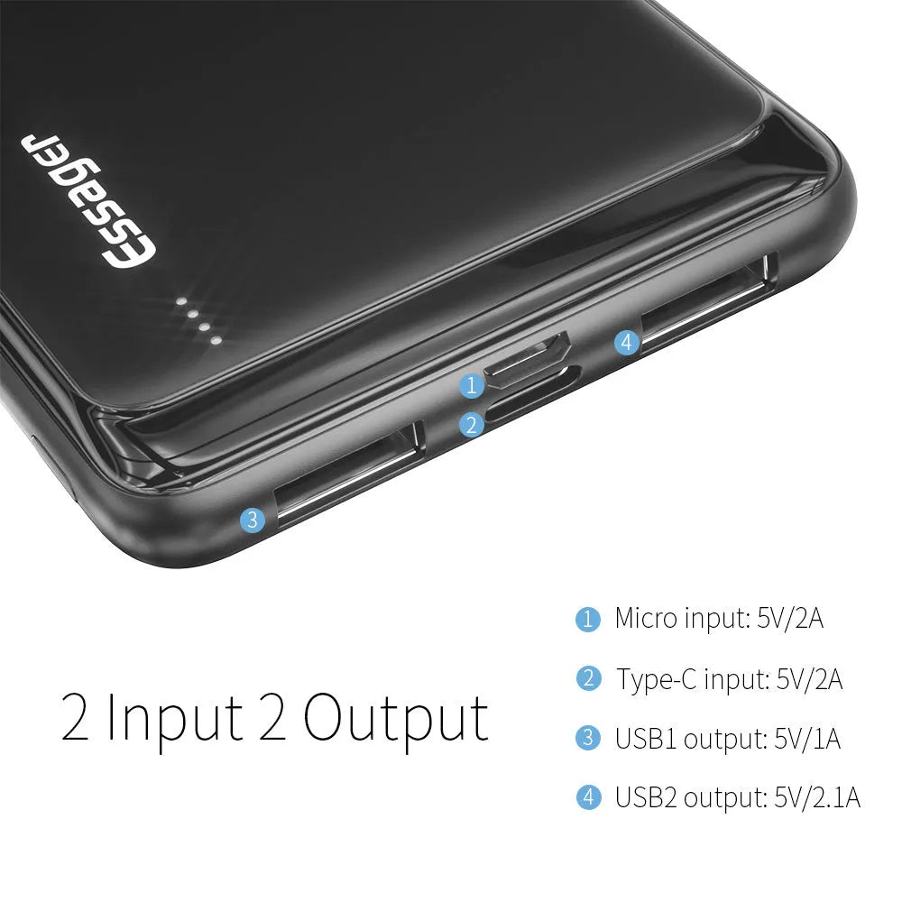 Essager Small Jane black and white 10000mAh portable power bank showing dual USB ports and LED indicators.