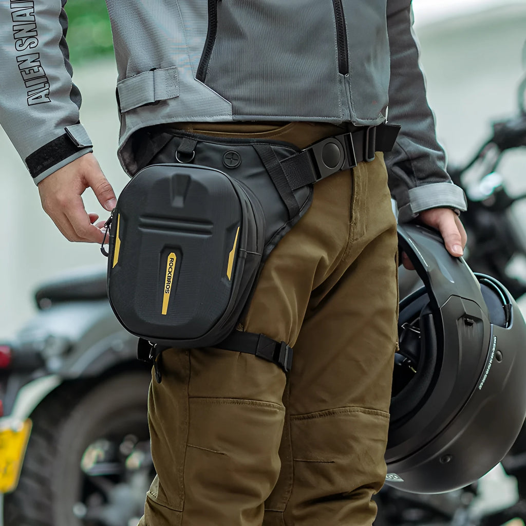Black polyester and TPU waterproof motorcycle leg bag for men, minimalist fashion style